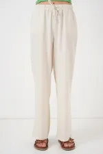 Kadın Geniş Paça Keten Pantolon 6735 - Ekru