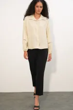 Kadın Oversize Desenli Gömlek 20379 - Krem