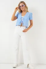 Kadın Kısa Kol Crop Bluz 958 - Mavi