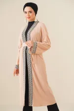 5865 Embroidered Knitted Long Kimono - Biscuit