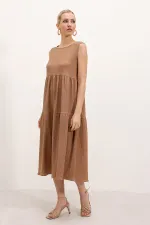 2448 Sıfır Kol Uzun Örme Elbise - Bisküvi
