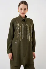 Patterned Tunic Trousers Two Piece Set 6720 - Khaki