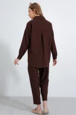 Kadın Kahverengi Oversize Keten Alt Üst Takım 6622