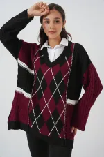 Kadın V Yaka Desenli Triko Kazak 15933 - Bordo