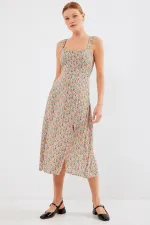 2282 Yırtmaçlı Askılı Viskon Elbise - Çok Renkli