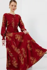 2145 Desenli Tesettür Elbise - B.Kırmızı