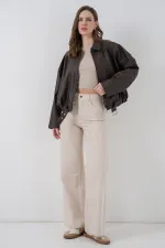 Kadın Kemer Detaylı Deri Ceket 1056 - Kahverengi