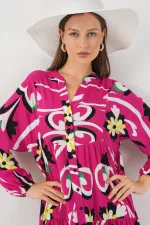 Kadın Desenli Uzun Tesettür Elbise 2585 - A.Fuşya