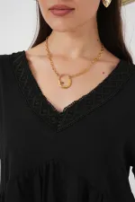 Kadın V Yaka Kısa Kol Elbise 2567 - Siyah