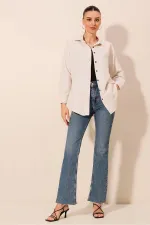 Kadın Krem Düz Oversize Uzun Basic Gömlek 3900