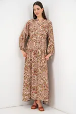 Kadın Desenli Uzun Tesettür Elbise 2585 - Sütlü Kahve