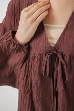 Chemisier à manches longues et laçage sur le devant pour femme 946 - Marron