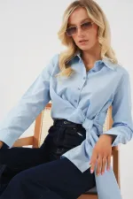 Kadın Bağlamalı Uzun Kol Gömlek 20325 - Mavi