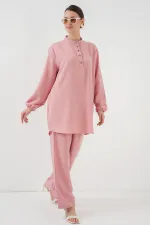 6678 Keten Tunik Pantolon İkili Takım - Pembe