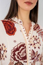 Kadın Desenli Uzun Tesettür Elbise 2585 - Z.Bej