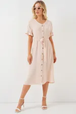 Women's Short Sleeve Buttoned Dress 2555 - Cream