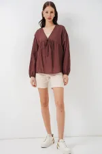 Chemisier à manches longues et laçage sur le devant pour femme 946 - Marron