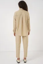 Kadın Bej Oversize Keten Alt Üst Takım 6622