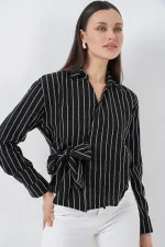 Women's Front Tie Striped Shirt 20362 - Black Women's Front Tie Striped Shirt 20362 - Black