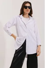 20217 Cep Detaylı Çizgili Oversize Gömlek - Beyaz
