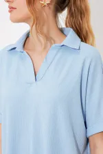 Chemisier en maille bleu oversize à col polo pour femme 0486