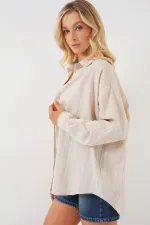 Kadın Çizgili Oversize Gömlek 20293 - Krem