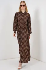 Kadın Boydan Düğmeli Uzun Tesettür Elbise 2588 - Kahverengi