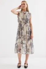 2503 Patterned Zero Sleeve Chiffon Dress - Anthracite