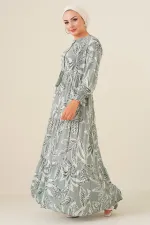 2145 Desenli Tesettür Elbise - Çağla