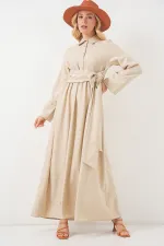 Women's Tie-Front Linen Dress 2574 - Beige