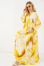 Kadın Desenli Uzun Tesettür Elbise 2585 - Sarı