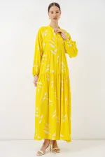 Kadın Desenli Uzun Tesettür Elbise 2585 - A.Sarı