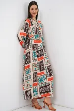 Kadın Desenli Uzun Tesettür Elbise 2585 - Koyu Kahve