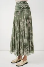 Kadın Desenli Şifon Etek 8057 - E.Yeşil
