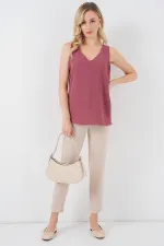 V Yaka Sıfır Kol Bluz 950 - D.Gül Kurusu