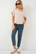 Kadın Oversize Kısa Kol Gömlek 20322 - Krem