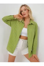 Kadın Çizgili Oversize Gömlek 20293 - E.Yeşil