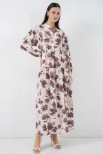 Kadın Lilyum Kumaş Uzun Tesettür Elbise 2593 - Kahverengi