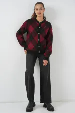 Kadın Desenli Düğmeli Triko Hırka 15927 - Bordo