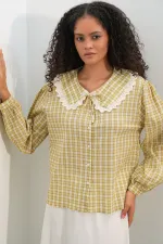 Women's Dandel Collar Plaid Shirt 20387 - Yellow