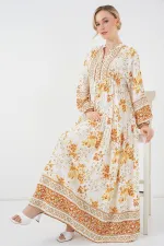 2423 Otantik Desenli Hardal Elbise