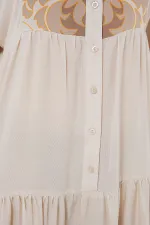 2423 Otantik Desenli Tesettür Elbise - T. Ekru