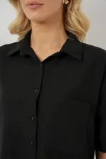 Chemise à manches courtes pour femme, aspect lin, référence 20336 - Noire