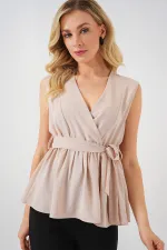 Kadın Kruvaze Yaka Kolsuz Bluz 966 - Krem