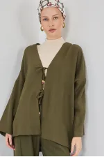 Kadın Keten Kimono İkili Takım 6727 - Haki