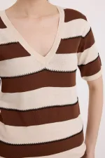 Chemisier rayé crème café à manches courtes pour femme 15869