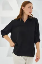 Kadın Siyah Gömlek Yaka Saten Bluz 0493