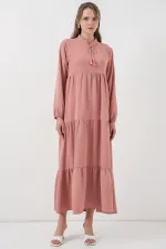 T1627 Yaka Bağcıklı Elbise - Pudra