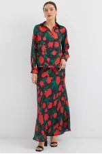Women's Black Red Patterned Satin Two-Piece Suit 8018