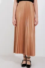 8009 Deri Görünümlü Piliseli Etek - Bisküvi